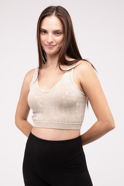 Washed Ribbed Cropped V-Neck Tank Top